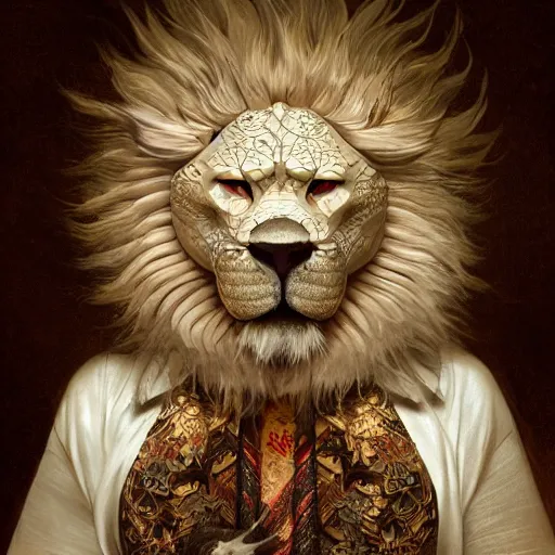 Prompt: a photorealistic dramatic fantasy render of a muscular albino male furry anthro lion wearing a beautiful intricately detailed japanese white snake kitsune mask and clasical japanese kimono by wlop, artgerm, greg rutkowski, alphonse mucha, beautiful dynamic dramatic dark moody lighting, shadows, cinematic atmosphere, artstation, concept design art, octane render, 8 k