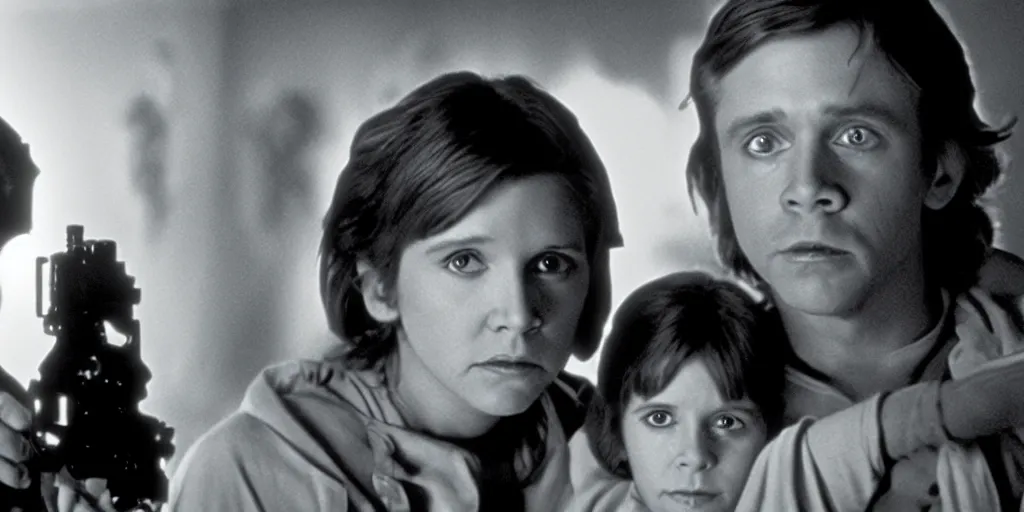 Image similar to film still of carrie fisher and mark hamill as children in new star wars movie, dramatic lighting, highly detailed face, kodak film, wide angle shot,