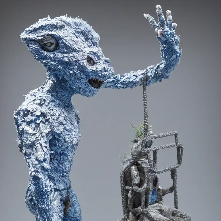 Image similar to hyperrealistic sculpture of a silver fossilized chibi ultraman kaiju dusted with opalescent blue spraypaint and ferns in a nylon grid cage on a pedestal by ron mueck and duane hanson and lee bontecou, hyperrealistic dramatic colored lighting trending on artstation 8 k