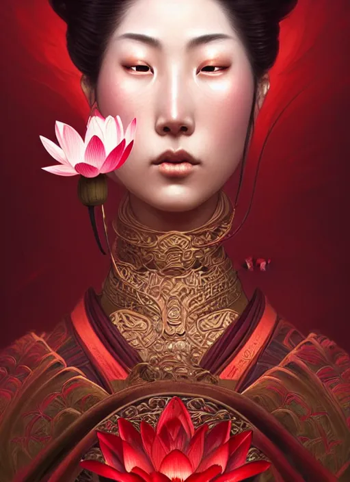 Prompt: ultra realistic illustration, portrait of a wrathful red samurai warrior woman holding a lotus flower, intricate, elegant, highly detailed, lotus flower, digital painting, artstation, concept art, smooth, sharp focus, illustration, art by artgerm and greg rutkowski and alphonse mucha and wlop