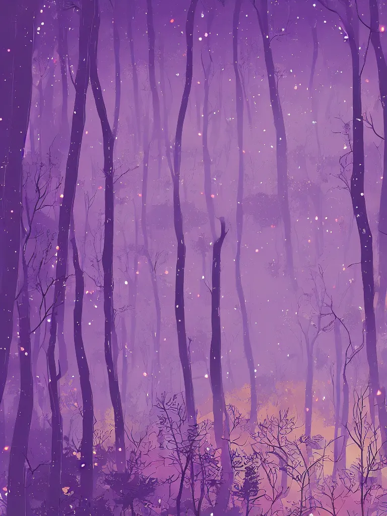 Image similar to a digital art of a close up view of a forest, fireflies flying around, purple color scheme, by laurie greasley, artstation, studio ghibli color scheme