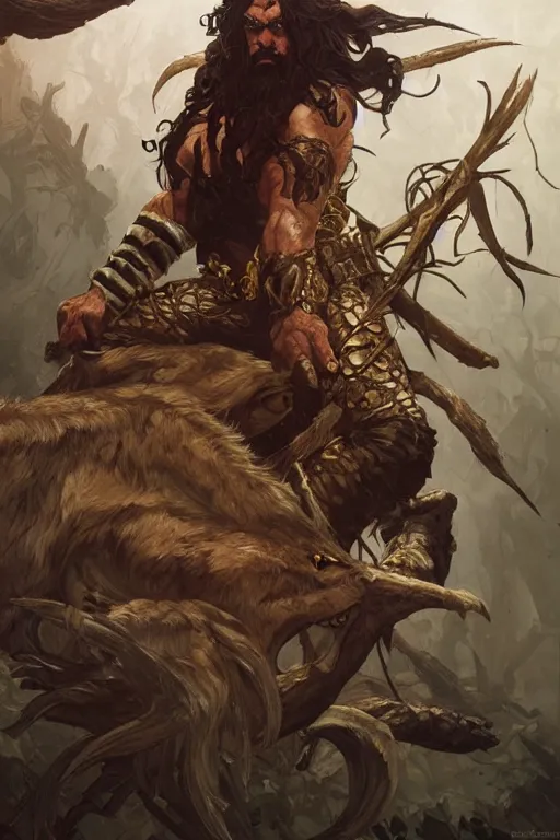 Image similar to kraven the hunter, D&D, fantasy, intricate, highly detailed, digital painting, artstation, concept art, smooth, sharp focus, illustration, art by artgerm and greg rutkowski and alphonse mucha