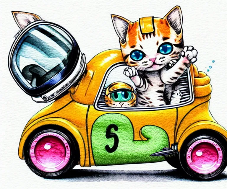 Image similar to cute and funny, kitten wearing a helmet riding in a tiny hot rod with an oversized engine, ratfink style by ed roth, centered award winning watercolor pen illustration, isometric illustration by chihiro iwasaki, edited by range murata, tiny details by artgerm and watercolor girl, symmetrically isometrically centered, sharply focused