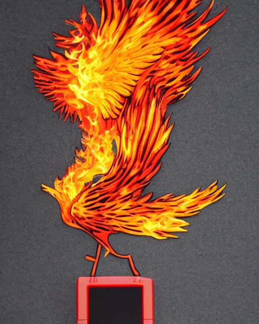 Image similar to a flaming phoenix with open wings sittong atop a pile of floppy disks