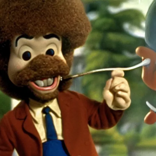 Image similar to bob ross screaming at pinocchio