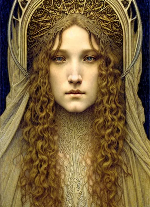 Image similar to detailed realistic beautiful young medieval queen face portrait by jean delville, gustave dore and marco mazzoni, art nouveau, symbolist, visionary, gothic, pre - raphaelite. horizontal symmetry