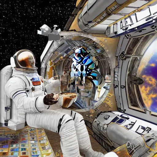 Prompt: astronauts in spacestation getting coffee, digital art