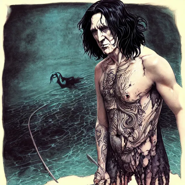 Prompt: fine detail, black ink & copic markers, vibrant muted colors, disturbing grunge still of a [ biblical demon infested ] [ severus snape ] [ swimming at the harry potter pool party ], by ( arthur adams ), by ( tom bagshaw ), by henry asencio, by kikuchi hideyuki