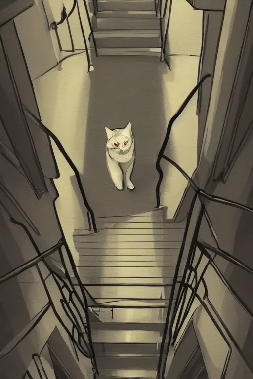 Image similar to looking down a flight of stairs at a cat, first person perspective, digital illustration, artstation, artstation hq, hd