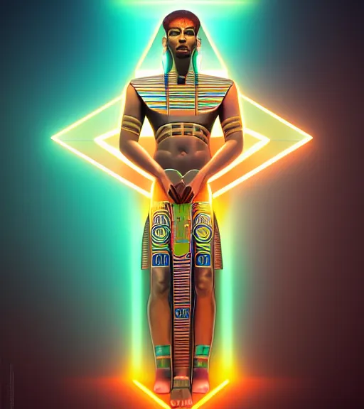Prompt: symmetry!! egyptian god of technology, solid cube of light, hard edges, product render retro - futuristic poster scifi, lasers and neon circuits, brown skin handsome egyptian god, intricate, elegant, highly detailed, digital painting, artstation, concept art, smooth, sharp focus, illustration, dreamlike, art by artgerm