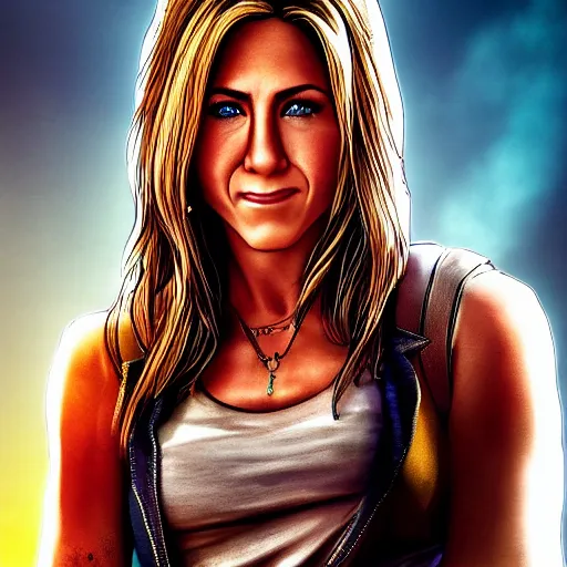 Image similar to jennifer aniston portrait, borderlands, tales from the borderlands, the wolf among us, comic, cinematic lighting, studio quality, 8 k