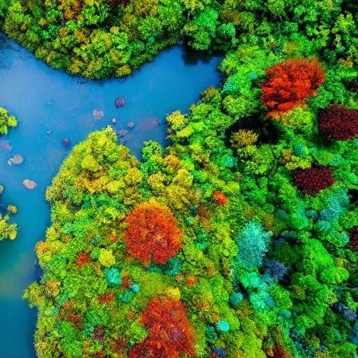 Prompt: color drone photo of an alien planet with lakes and jungles, multiple vibrant colors, rivers, aerial, hyperdetailed, ap photo