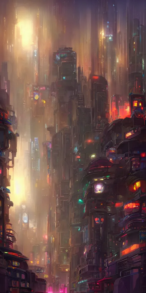 Image similar to a futuristic cyberpunk city where the sun never shines and the moon is always full. the lights are colorful and the air is thick with fog. by tyler edlin.