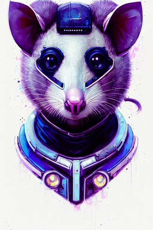 Image similar to a beautiful portrait of a cute cyberpunk opossum by sandra chevrier and greg rutkowski and wlop, purple blue color scheme, high key lighting, volumetric light, digital art, highly detailed, fine detail, intricate, ornate, complex, octane render, unreal engine, photorealistic