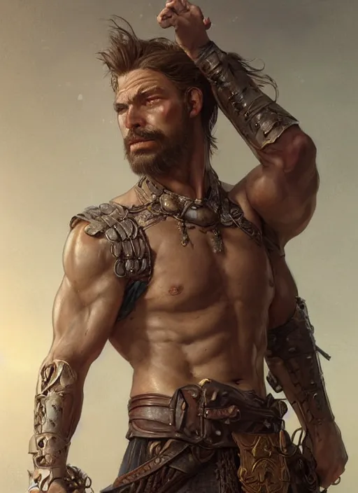 Image similar to Portrait of a rugged warrior, male, man, D&D, muscular, bare thighs, fantasy, intricate, elegant, highly detailed, digital painting, artstation, concept art, smooth, sharp focus, illustration, art by artgerm and greg rutkowski and alphonse mucha