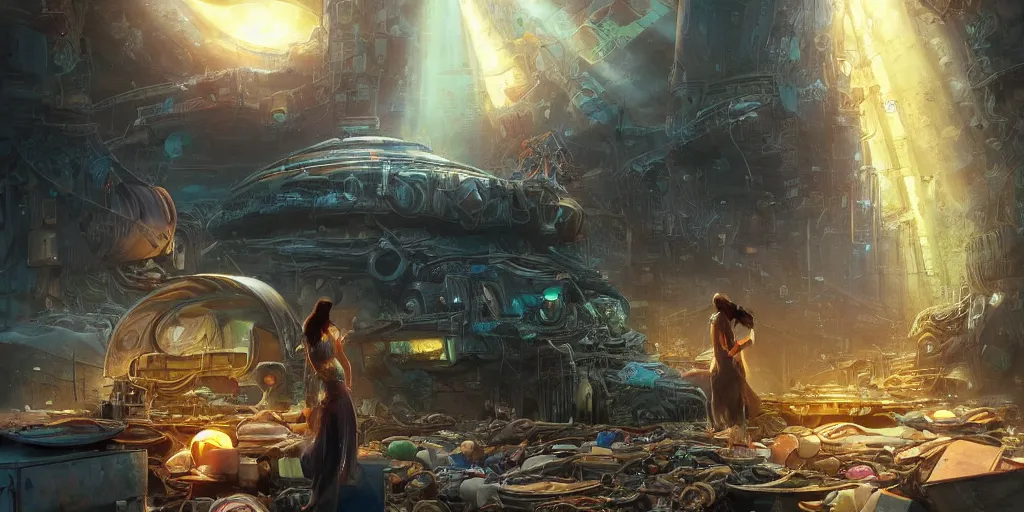 Prompt: beautiful trash girl collecting valuable parts at the junkyard of an old starship against the backdrop of a huge colossal star buddhism temple, concept art by john howe and hamish frater, artstation, glowing light, cinematic illustration 8 k