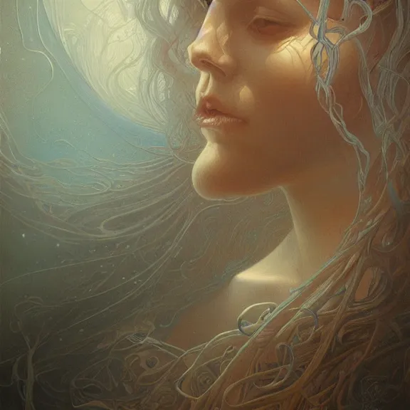 Image similar to a highly detailed beautiful portrait in the style of jean delville and in the style of peter mohrbacher.