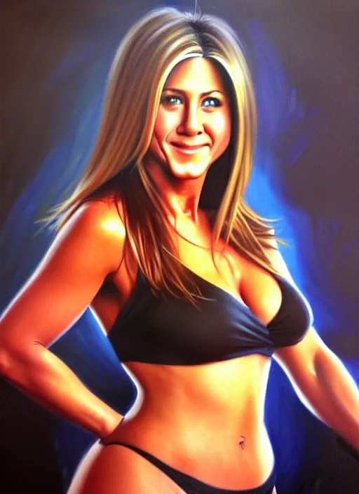 Image similar to portrait of cute jennifer aniston as a bit chubby young woman, painted by stanley artgerm, sleek curves, sharp focus, trending on artstation hq, deviantart