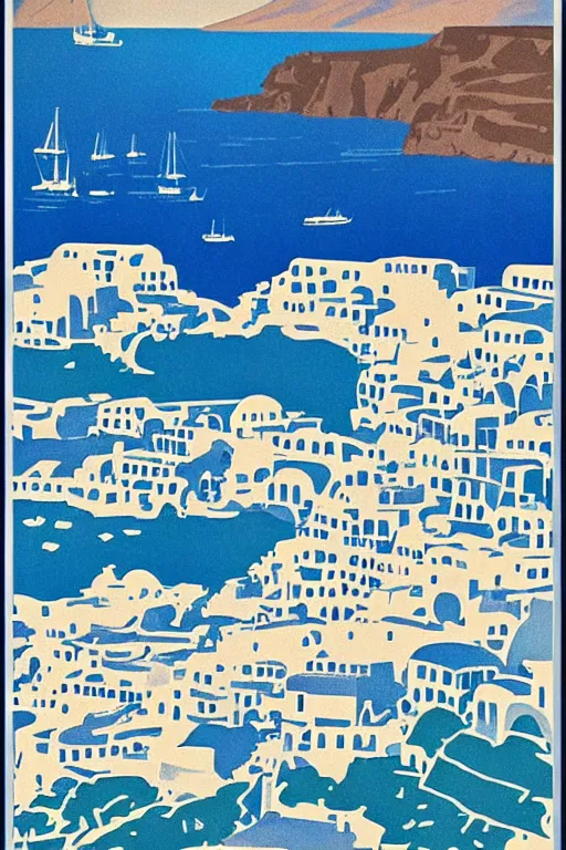 Image similar to Vintage Travel Poster of Santorini Greece, famous blue and white churches, rule of thirds