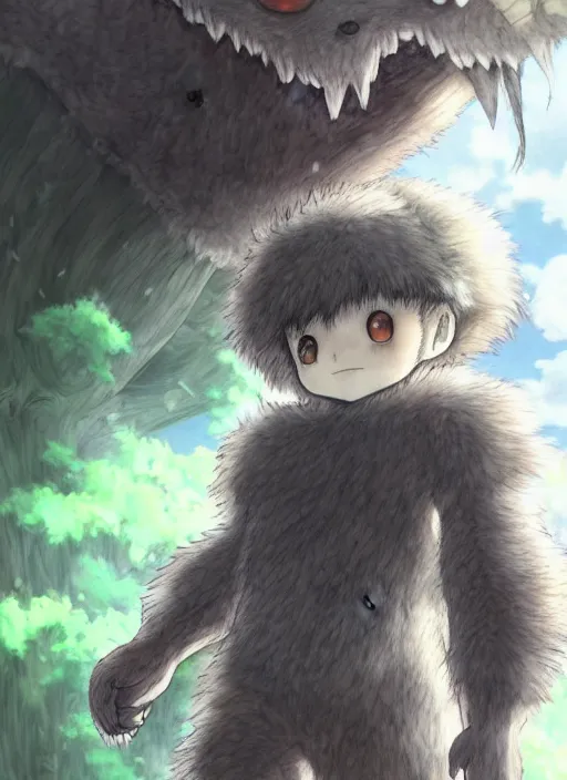 Image similar to beautiful little boy wearing an cyborg bear suit, artwork in kentaro miura and made in abyss and rosdraws, smooth, beautiful lightness, anatomically correct, trending on pixiv, forest