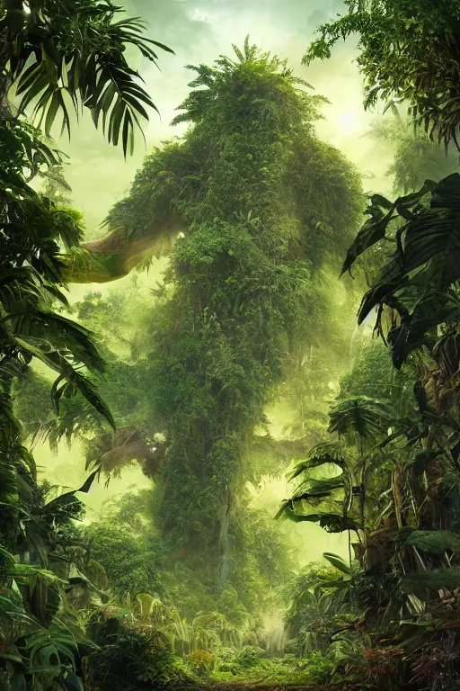 Image similar to a giant plant in the exotic jungle, landscape, alex ross, david finch, concept art, matte painting, highly detailed, rule of thirds, dynamic lighting, cinematic, detailed, denoised, centerd