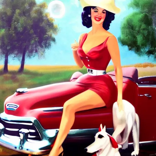 Prompt: a pin up driving with her white dog and big hat, award winning, 1 9 5 0 s painting