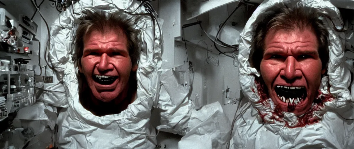 Prompt: filmic extreme wide shot movie still 4 k hd interior 3 5 mm film full color photograph of a human head that looks like harrison ford detached snarling distorted protruding out of a mutated abstract shape shifting organism made of human tissue in a military research lab, in the style of the horror film the thing 1 9 8 2