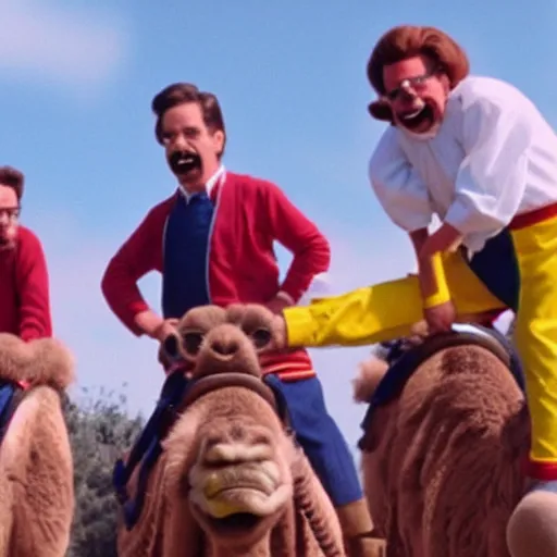 Image similar to Ned Flanders, Ronald McDonald, and Mr. Krabs storming Area 51 while riding on a camel wearing a basketball jersey