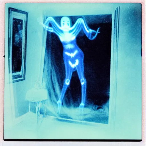 Image similar to coloured atmospheric polaroid photo of a with transparent ghostly banshee corpse body floating in old living room lighted with flashlight interior