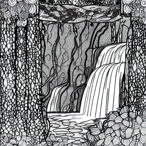 Prompt: an adult coloring page of a waterfall in the enchanted forest, light detail