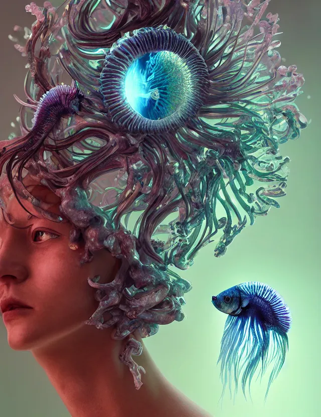 Image similar to 3 d goddess macro close - up portrait wigh crown made of ram skull. betta fish, jellyfish phoenix, bioluminiscent, plasma, ice, water, wind, creature, super intricate ornaments artwork by tooth wu and wlop and beeple and greg rutkowski