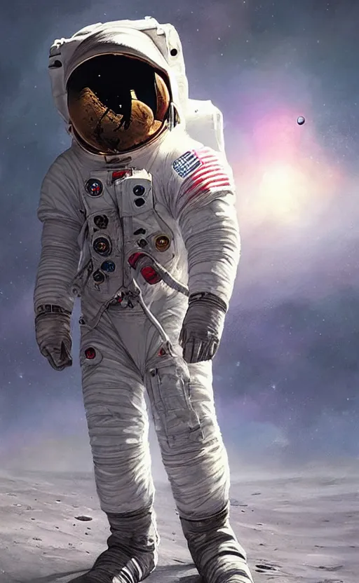 Image similar to a beautiful artwork portrait of an astronaut on the moon, by greg rutkowski and jesper ejsing and raymond swanland, featured on artstation, wide angle, vertical orientation