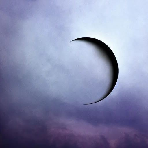 Prompt: a crescent eclipse in a cloudy sky, a matte painting by sin wi, pixabay, neo - romanticism, chillwave, atmospheric, mystical