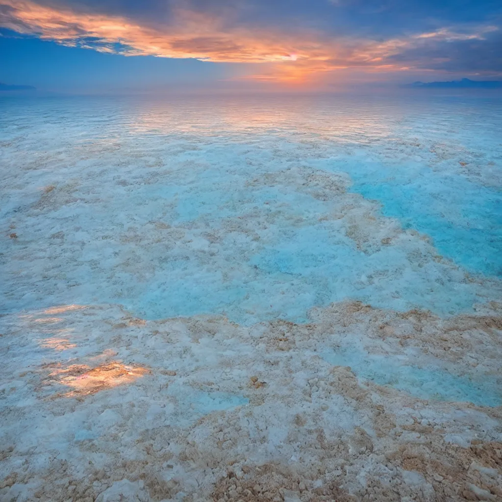 Prompt: the dead sea, beautiful sunset with colorful clouds, low angle, professional photo