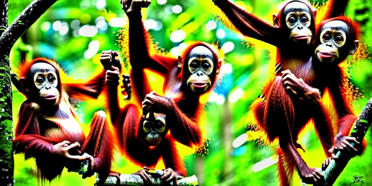 Image similar to graffiti art of baby orangutans playing in the rainforest jin yong