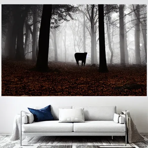 Prompt: Highly realistic painting of a cow standing in the middle of a dark forest, oak trees, fog, moody lighting, volumetric lighting