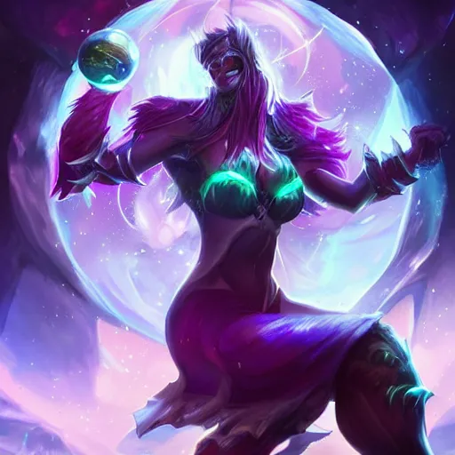 Image similar to league of legends, kai'sa looking at a galaxy in a crystal ball, realistic