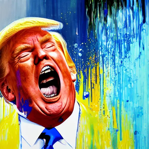 Prompt: jon hale painting of a screaming enraged donald trump, graphic elements, motion blur, blurry, clumpy paint, visible paint textures, ominious