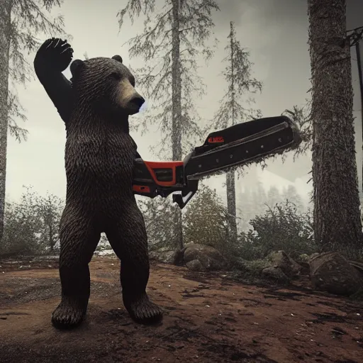 Prompt: bear with chainsaw arms, unreal engine 5, realistic, dark, moody, godrays, 8k