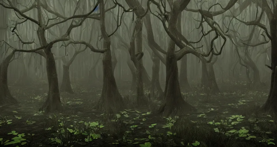 Image similar to A dense and dark enchanted forest with a swamp, by schizophrenia patient