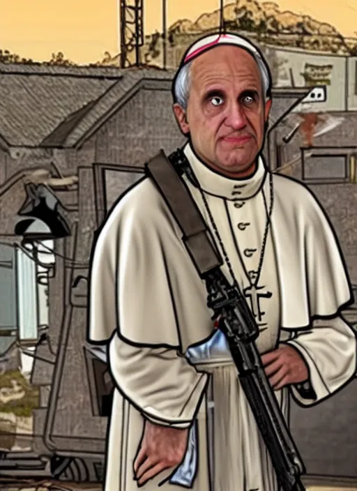 Prompt: The Pope as the main character on a GTA cover