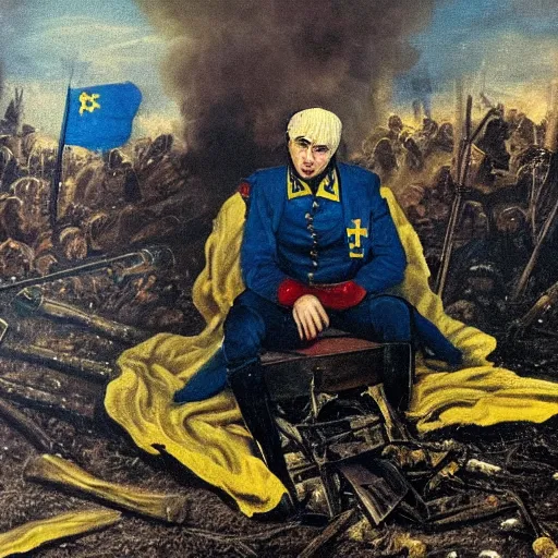 Image similar to a magnificent picture of Volodymyr Zelensky at war, dressed like Napoleon Bonaparte, his clothes are torn and dirty, he is sitting between dead corpses and weeping, holding a half burnt blue and yellow flag of Ukraine, in the style of Roy Lichtenstein