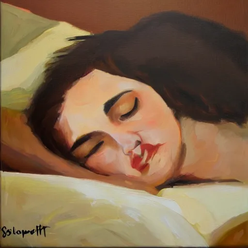 Prompt: lady with brown hair can't sleep because husband in is snoring in bed, expressive oil painting