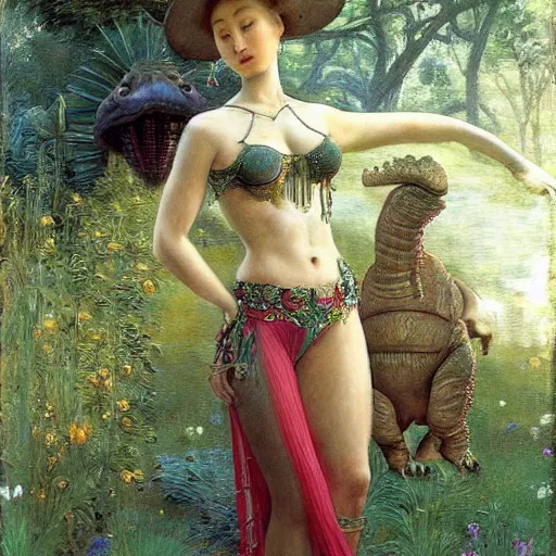 Image similar to epic masterpiece full body portrait a beautiful woman belly dancer, standing next to baby stegosaurus in a garden, by Edgar Maxence and Ross Tran and Michael Whelan