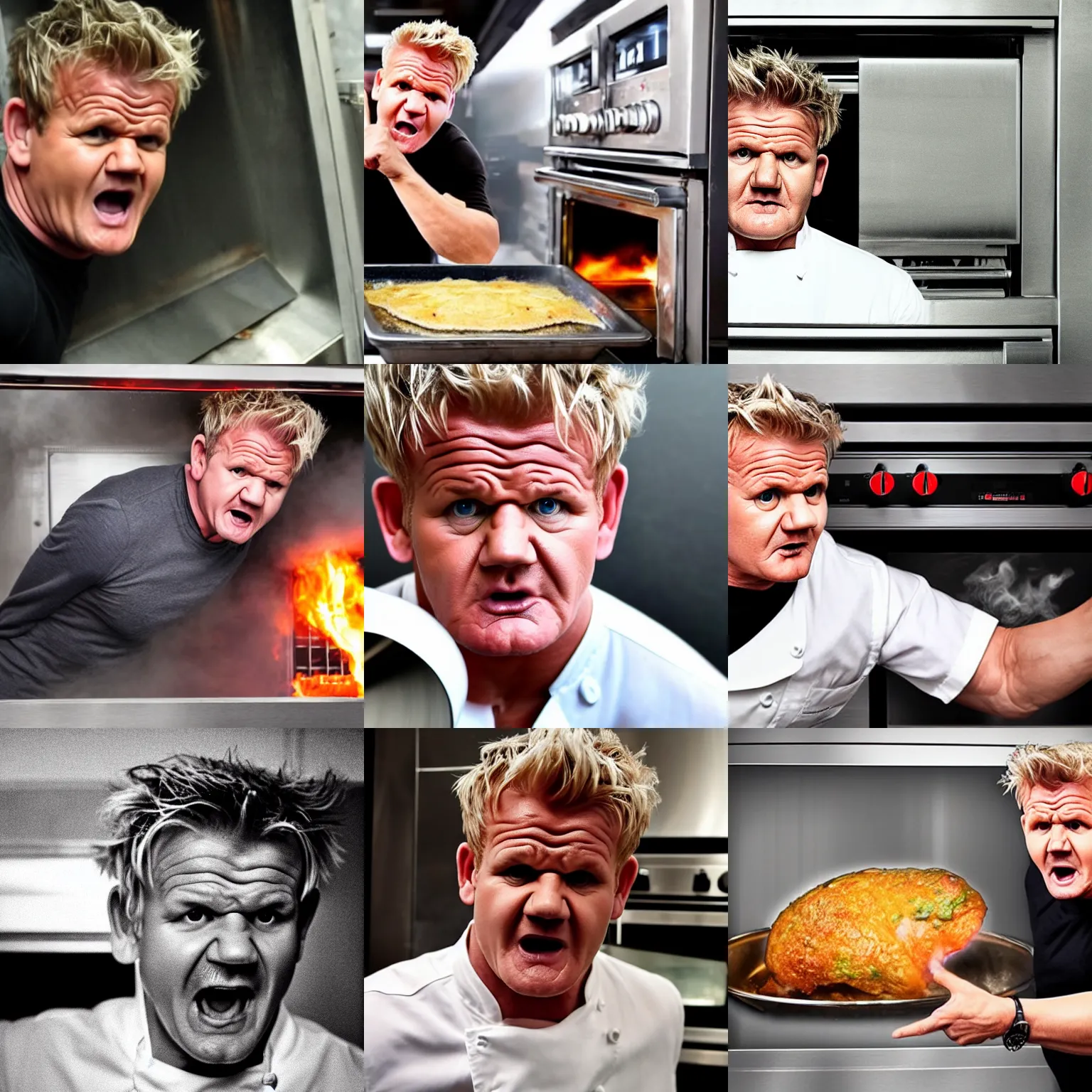 Prompt: angry furious Gordon Ramsay poking his head out of an oven and shouting at the camera