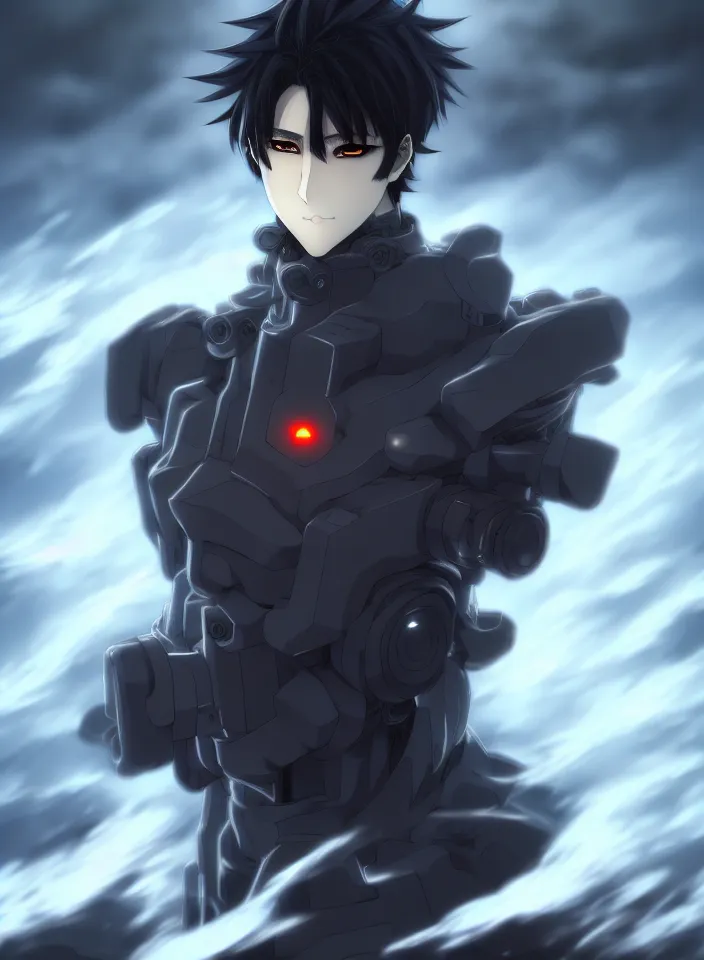 Image similar to a detailed manga illustration character full body portrait of a dark haired cyborg handsome anime man surrounded by clouds of dark smoke and fire, trending on artstation, digital art, 4 k resolution, detailed, high quality, sharp focus, hq artwork, insane detail, concept art, character concept, character illustration, full body illustration, perfect anatomy, cinematic, volumetric lighting