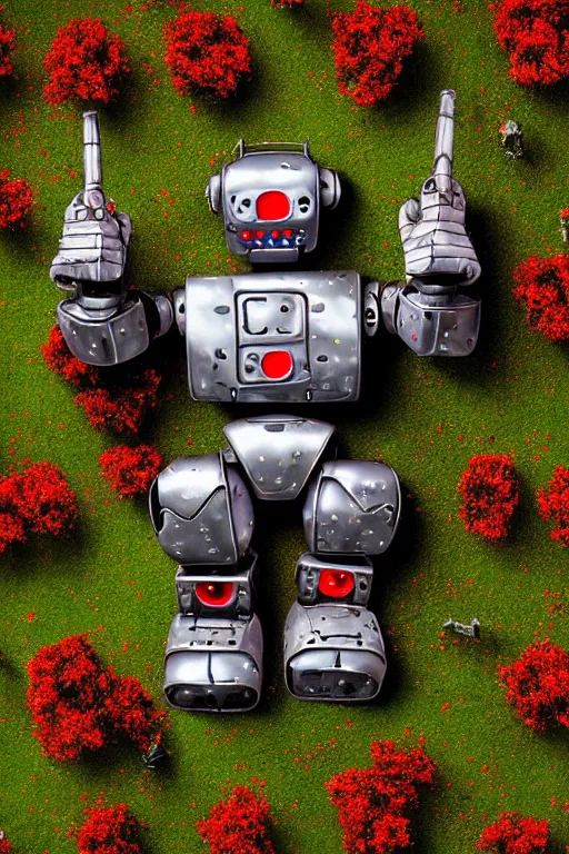 Prompt: destroyed combat robot lying in a field of flowers, weapons, smoke, metal, armor, camouflage, wild flowers, greenery, chips, red light bulbs, top view, high detail, ultra - realism, cinematic light, epic, art by jeff koons
