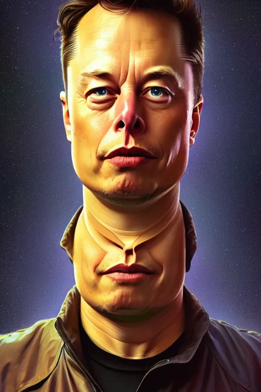 Image similar to elon musk as the simpsons character, portrait, symmetrical, highly detailed, digital painting, artstation, concept art, smooth, sharp focus, illustration, cinematic lighting, art by artgerm and greg rutkowski and alphonse mucha