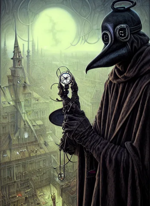 Image similar to portrait of plague doctor, hyper detailed masterpiece, dystopian background, jean giraud, digital art painting, darkwave goth aesthetic, lovecraftian, artgerm, donato giancola and tom bagshaw