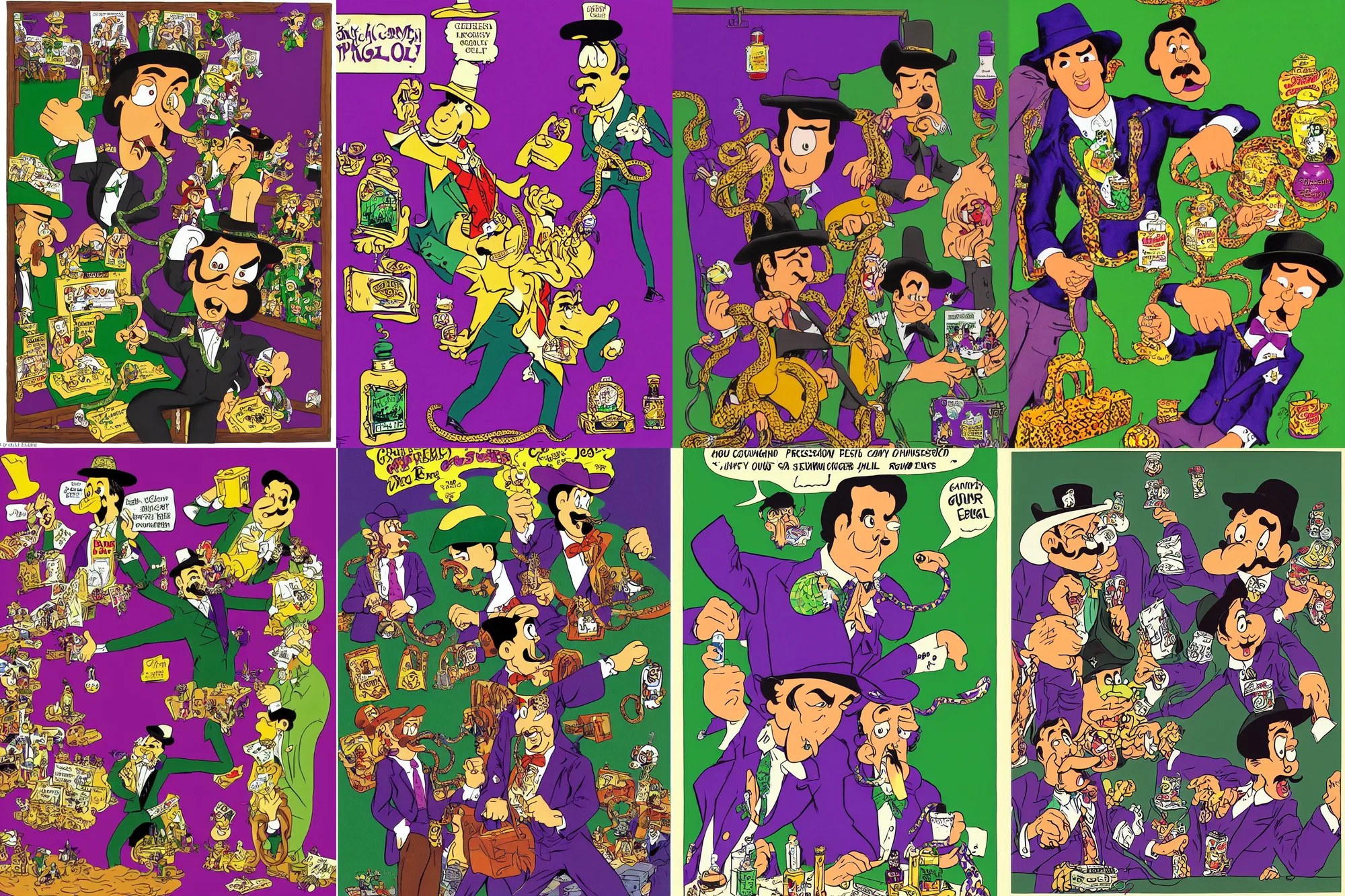 Prompt: long shot full body portrait of professional wrestling salesman elvis presley johnny cash cowboy snakeoil salesman wearing oversized cowboy hat with curly moustache and anthropomorphic purple snakeskin business suit, pictured in front of a green screen selling locomotive petroleum snake oil eggs bottled in faberge briefcases from the distant future, portrait art by carl barks and basil wolverton